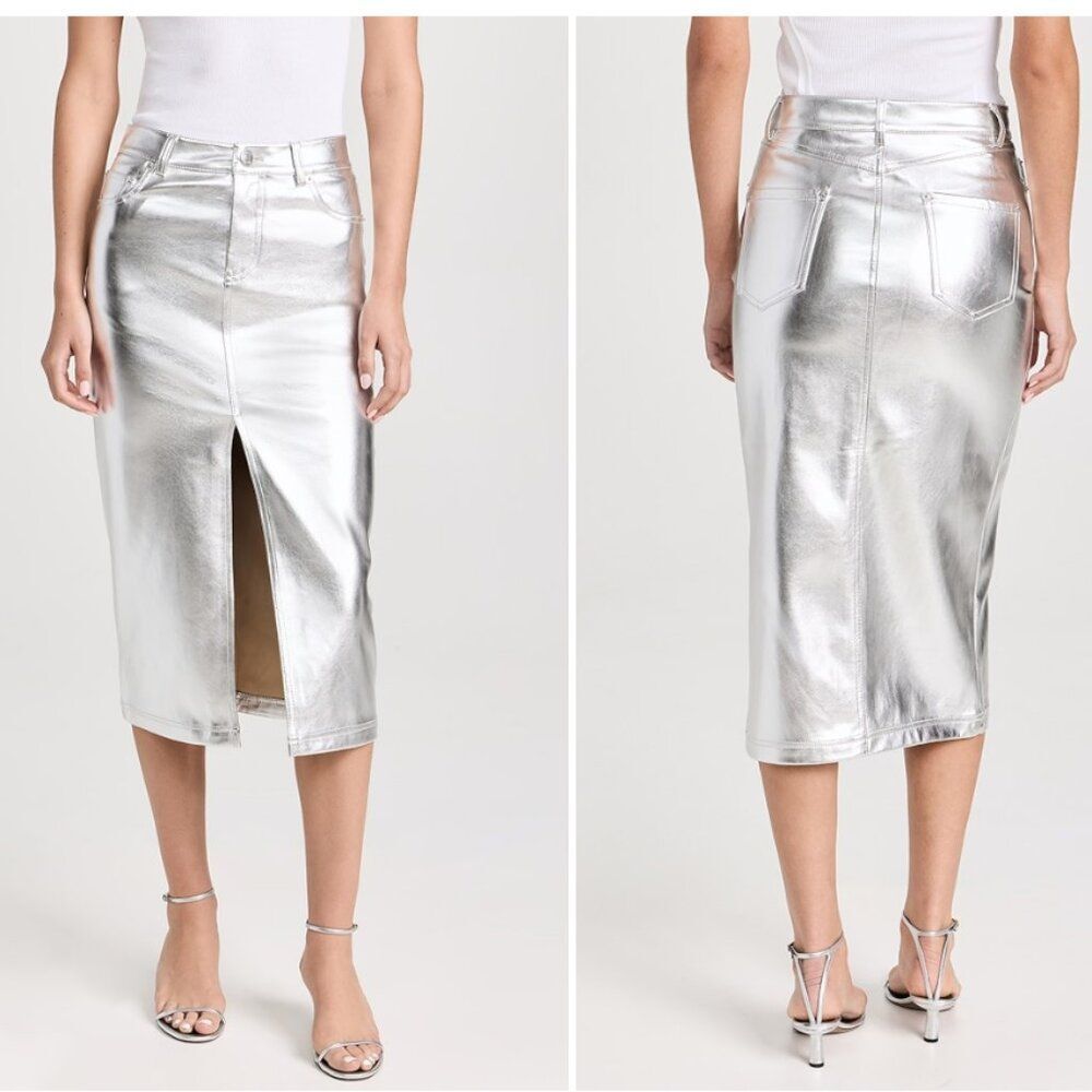 Staud Oaklyn Faux Leather Midi Skirt in Silver Metallic size 12 New